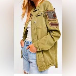 Free People Army Green Embellished Beaded Eagle Military Jacket small